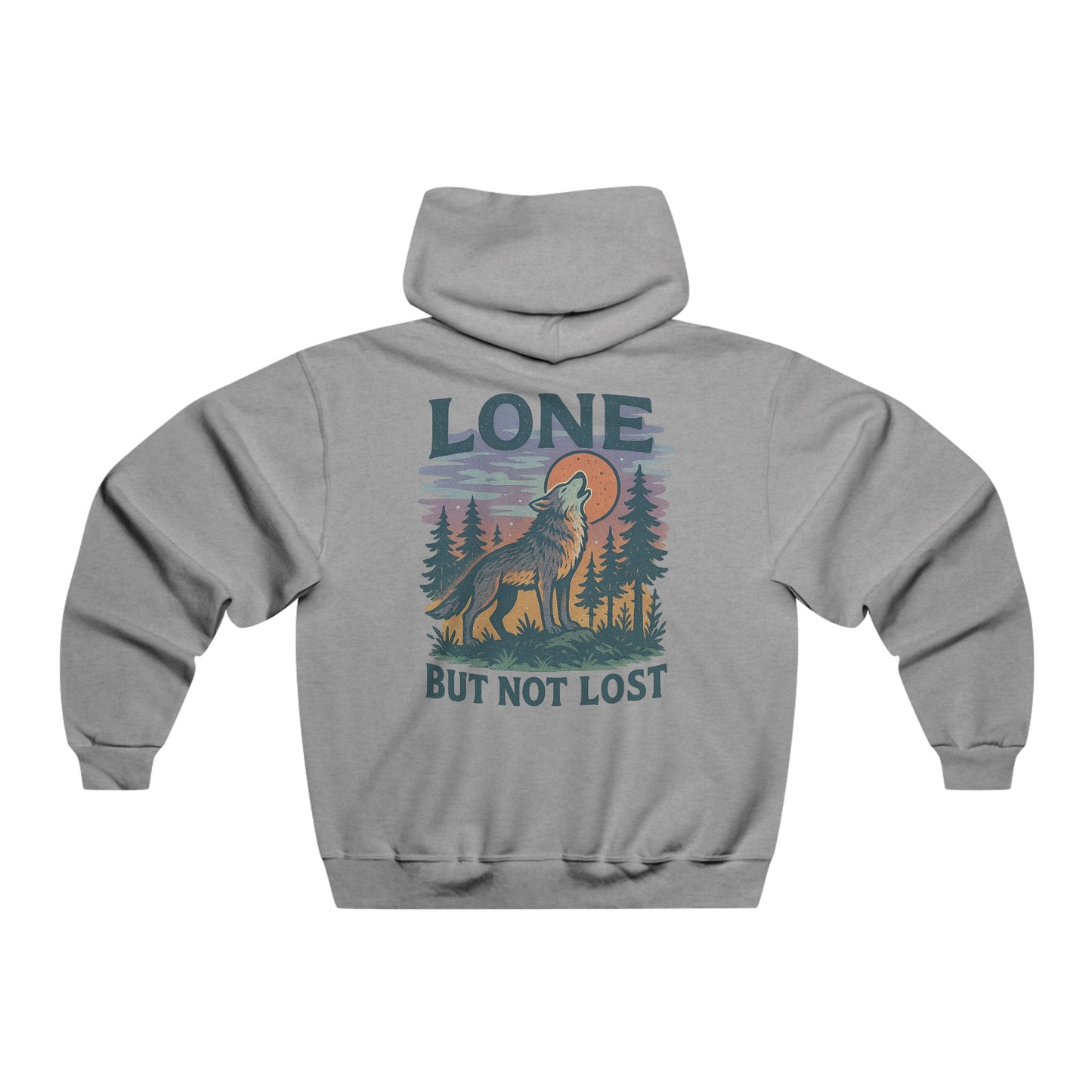Gray hoodie with a "Lone But Not Lost" graphic design on the back, displayed on a white background.