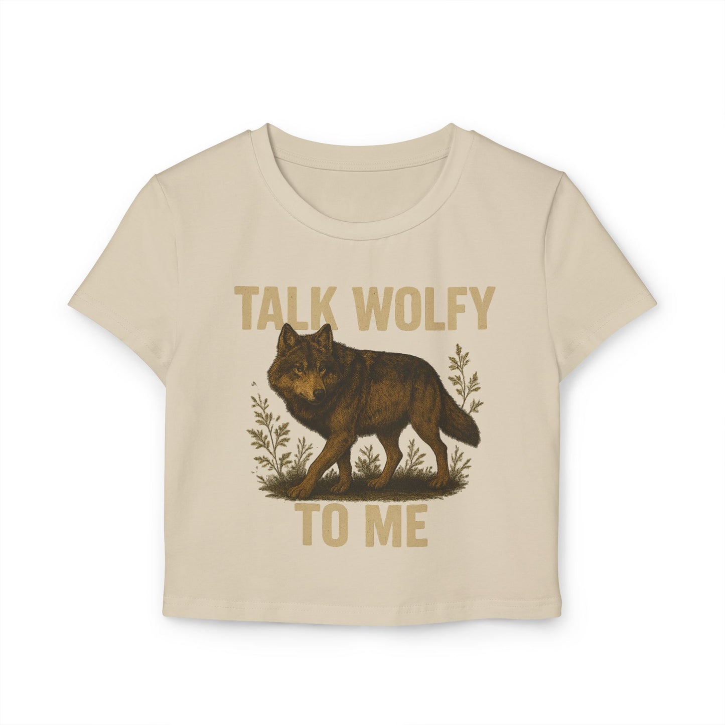 Beige t-shirt with a wolf graphic and text that says "Talk Wolfy To Me"