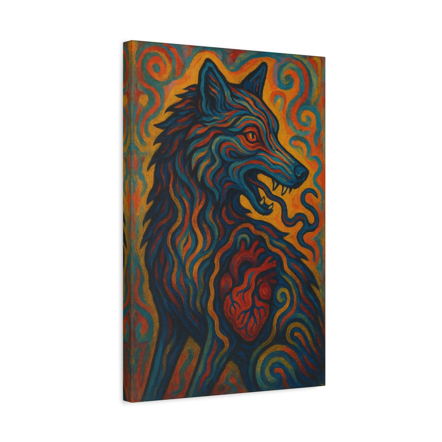 Canvas print with a colorful wolf design on a white background