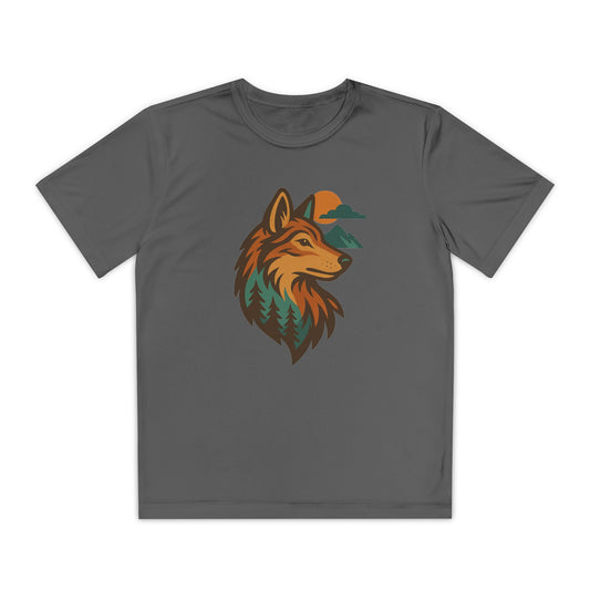 Youth athletic-fit performance t-shirt with “Sundrift Wolf” sunlit nature-themed design, displayed flat with moisture-wicking fabric and short sleeves.
