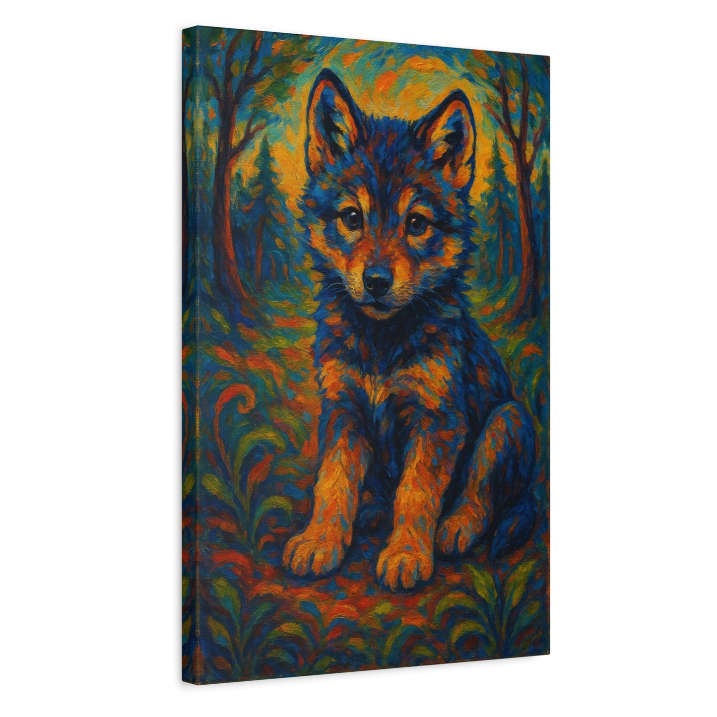 Canvas print of a colorful wolf cub painting on a white background