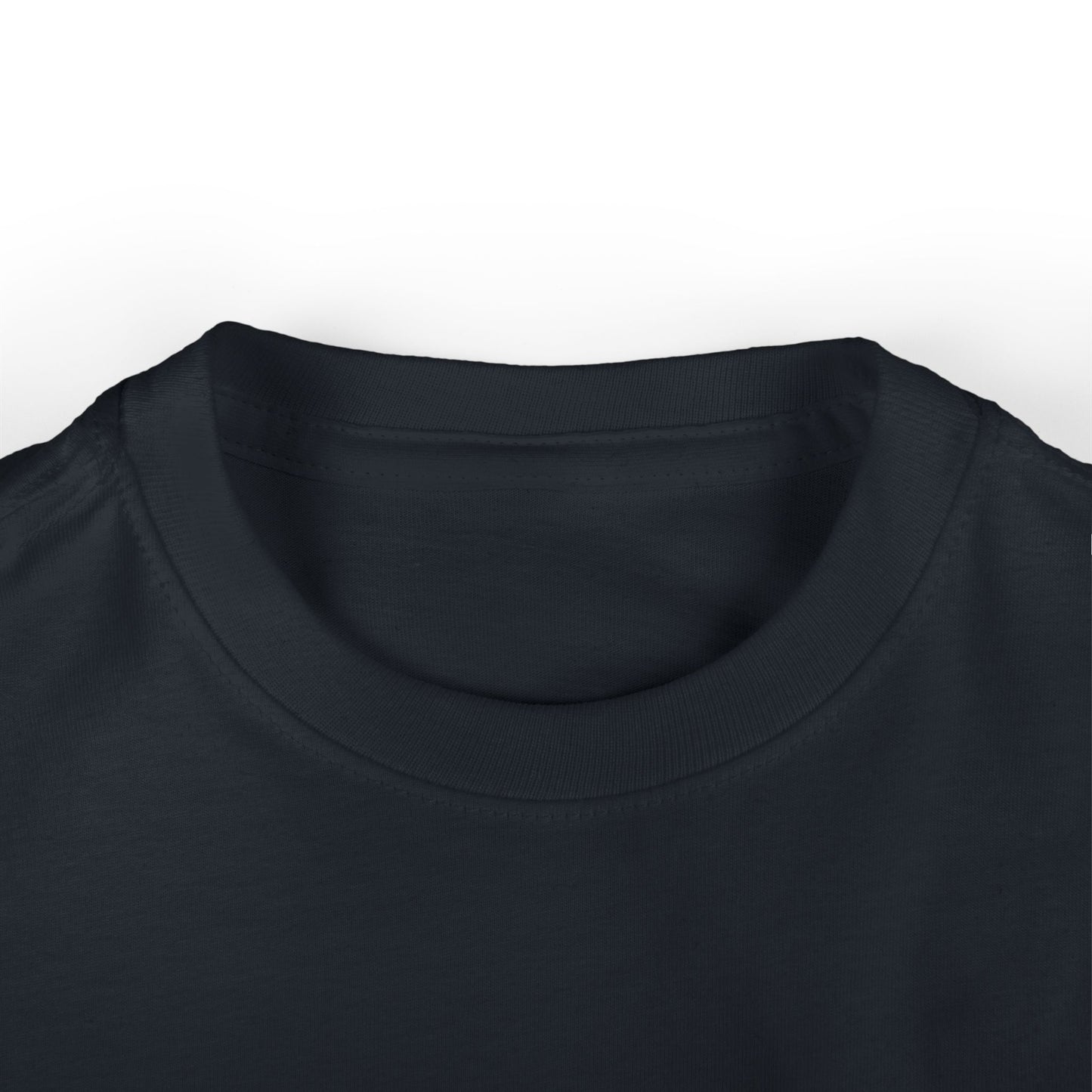 Close-up of a kid's / youth black shirt collar on a white background