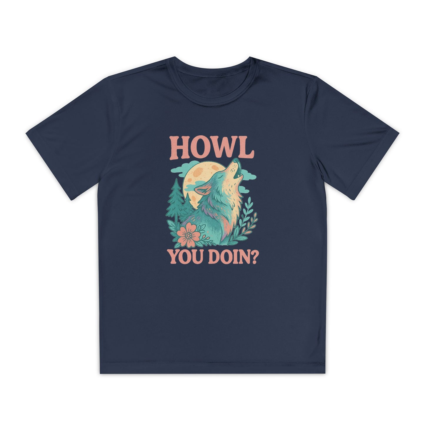 Navy youth blue t-shirt with a graphic of a wolf and text 'HOWL YOU DOIN?' on a white background