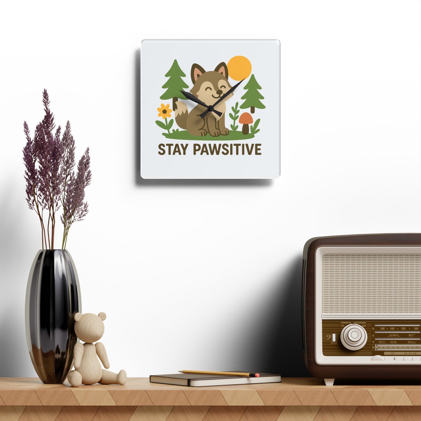 Stay Pawsitive Wolf | Acrylic Wall Clock