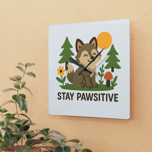 Square Wall clock featuring a cute smiling wolf with the phrase “Stay Pawsitive,” shown in a bright, cheerful design with rounded or square frame.