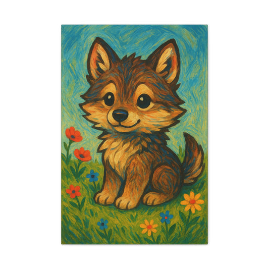 Canvas wall art featuring a colorful, whimsical wolf with wildflowers, displayed on stretched pine wood with vivid, high-quality print.