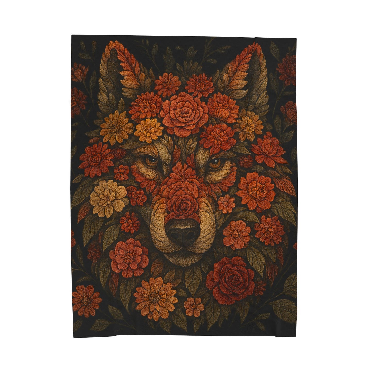 Rug with a wolf's face surrounded by flowers on a black background