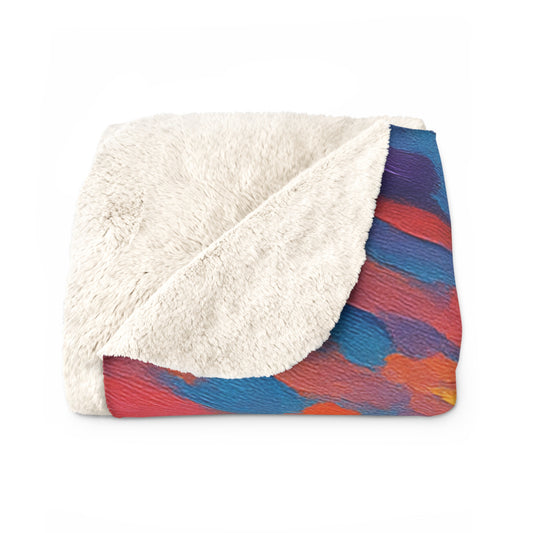 Folded blanket with white fleece interior and colorful pattern exterior on a white background