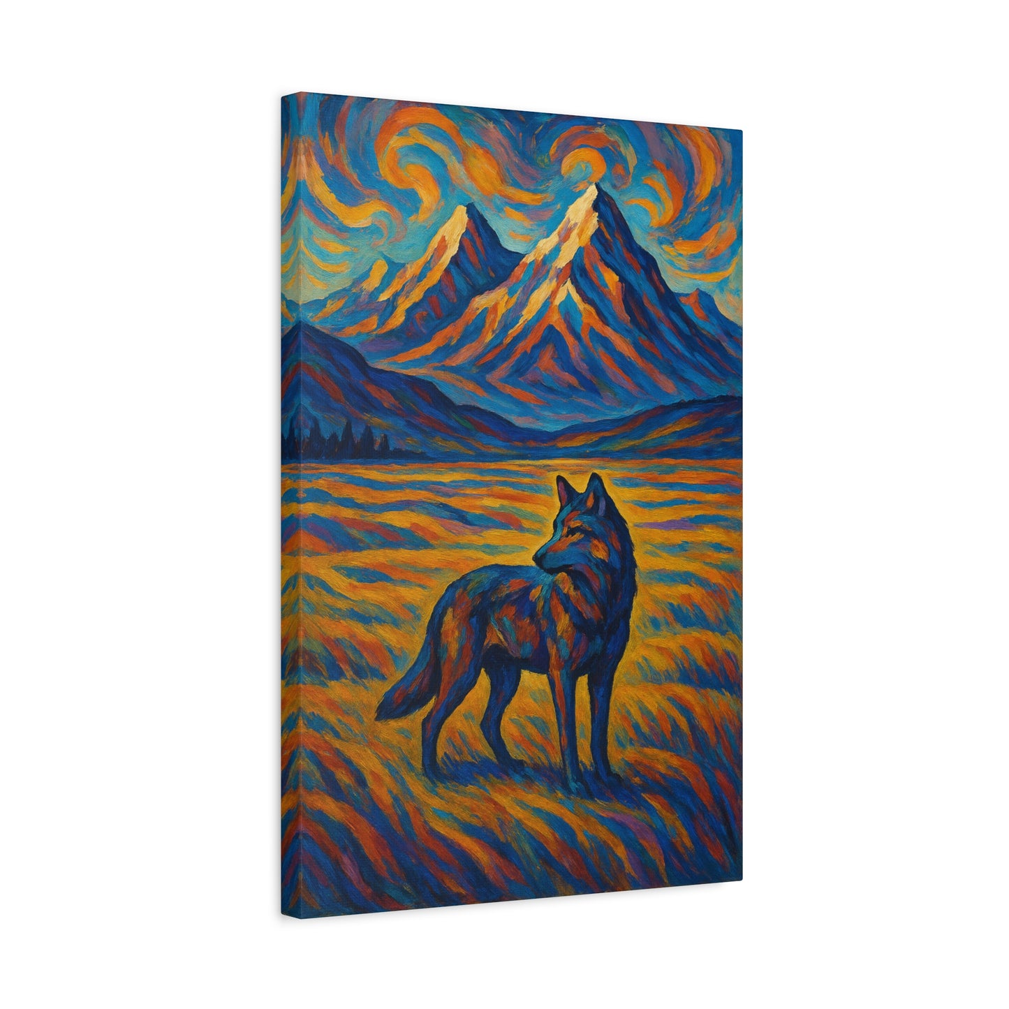 Canvas print of a wolf in a mountainous landscape with vibrant colors