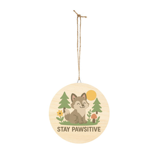 Round wooden hanging sign with a wolf illustration and 'Stay Pawsitive' text on a white background.