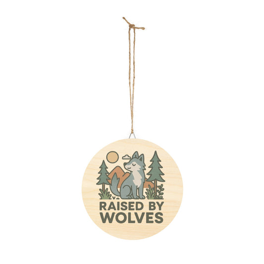 Decorative hanging sign with a wolf design and 'Raised by Wolves' text on a white background.