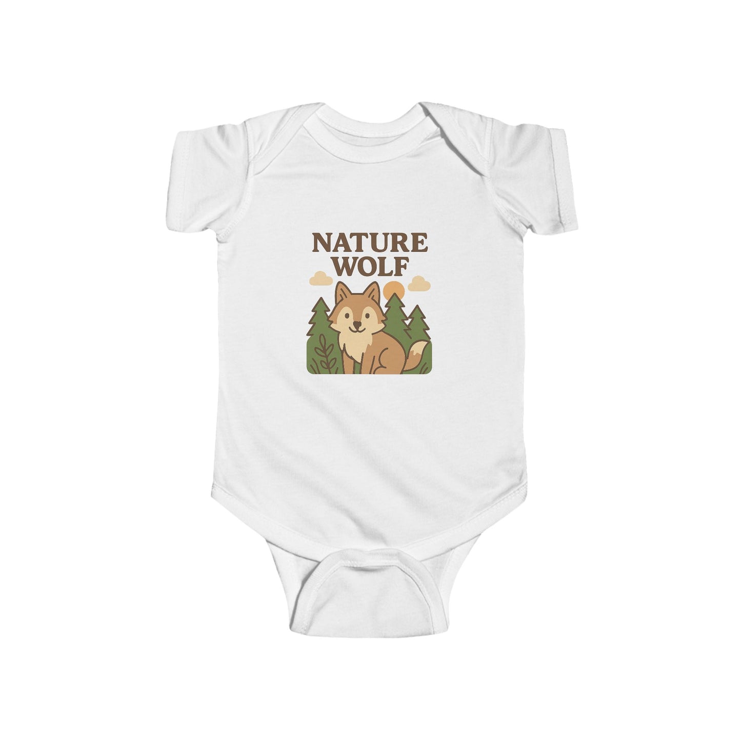 White baby onesie with 'Nature Wolf' design featuring a wolf and trees on a white background