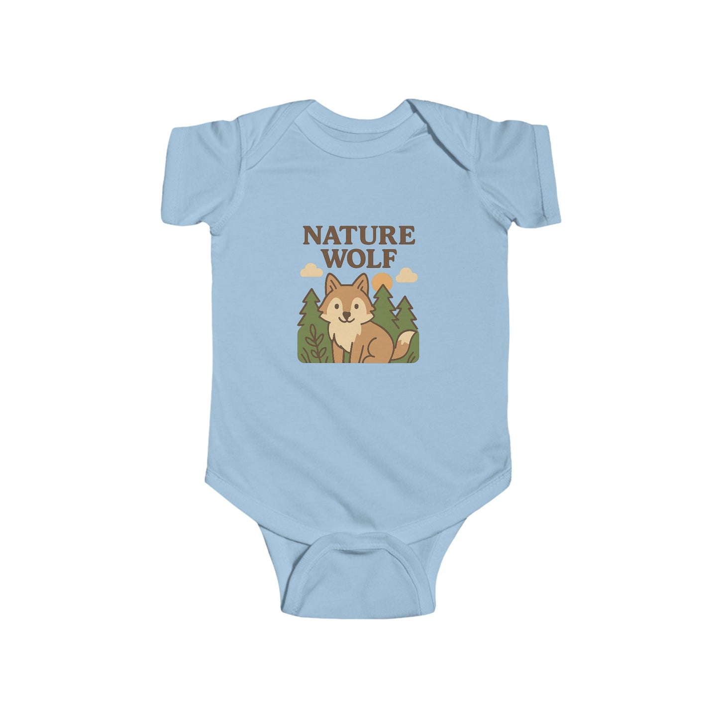 Light blue baby onesie with a wolf design and 'Nature Wolf' text on a white background