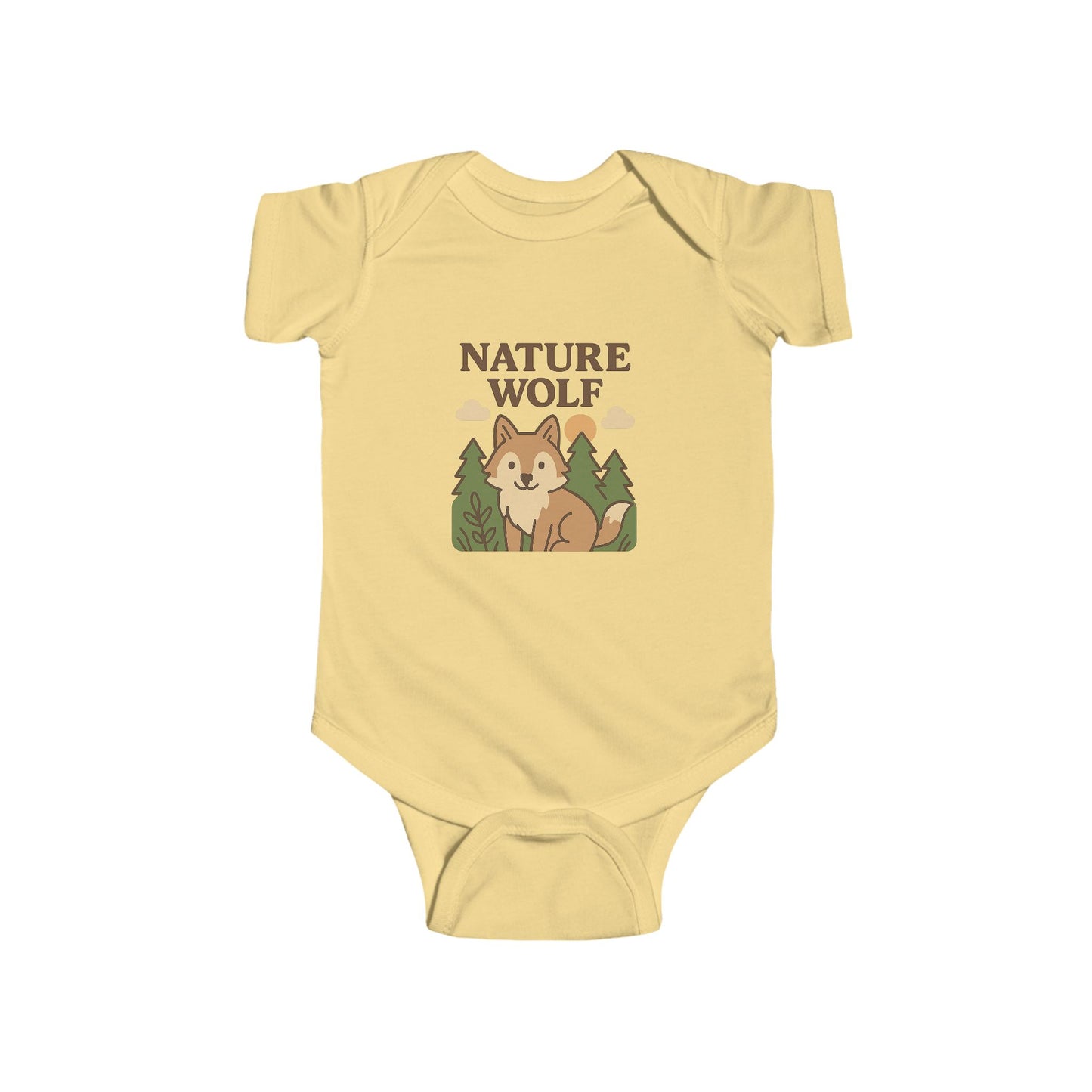Yellow baby onesie with a wolf design and 'Nature Wolf' text on a white background