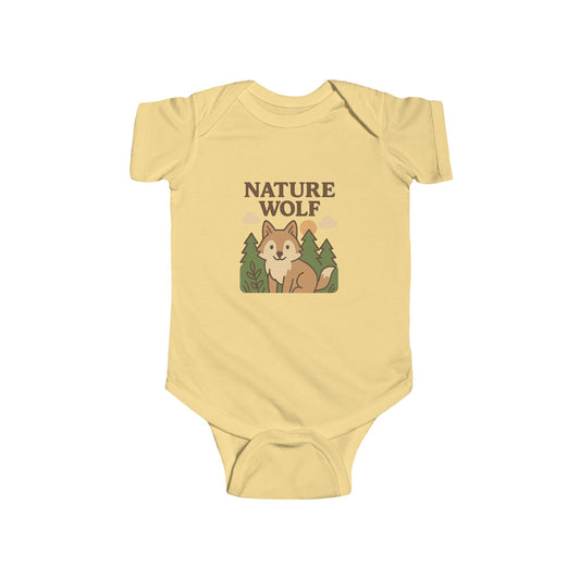 Yellow baby onesie with a wolf design and 'Nature Wolf' text on a white background