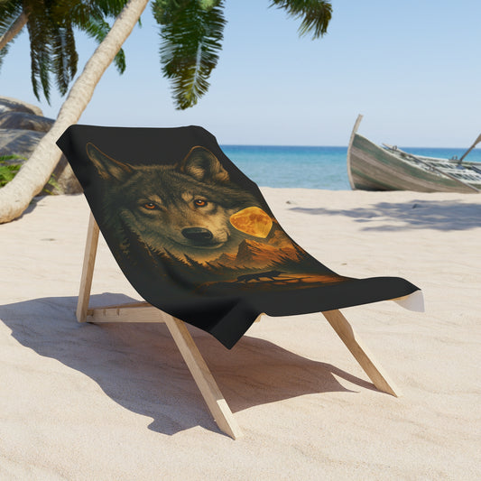 Beach towel with a wolf design on a wooden chair at a beach.