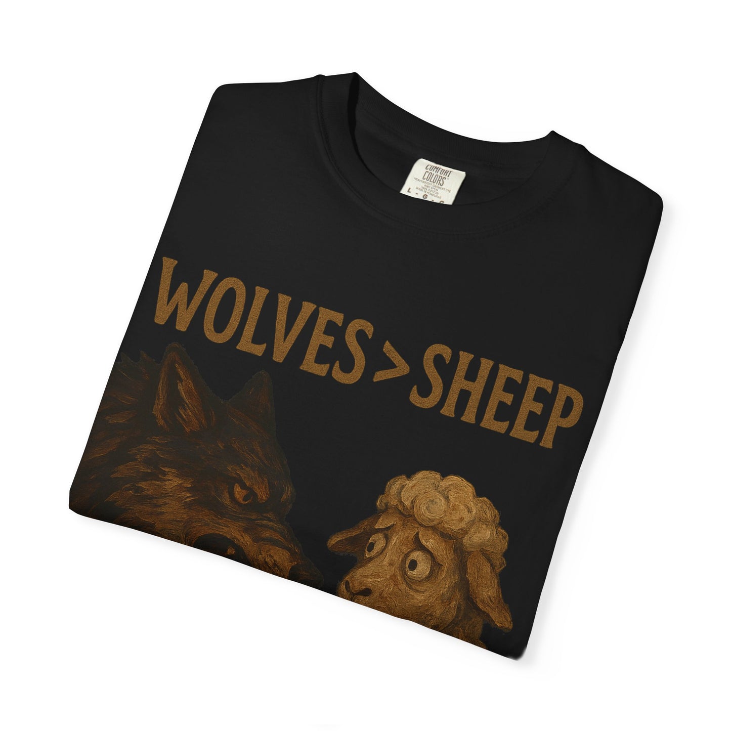 Black t-shirt with 'Wolves > Sheep' text and wolf and sheep illustrations on a white background