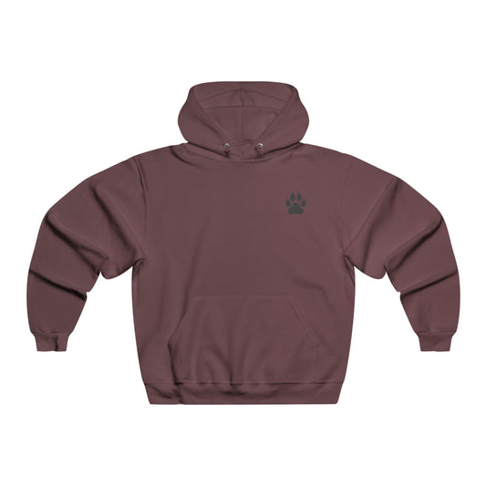 Maroon hoodie with a paw print design on the chest against a white background