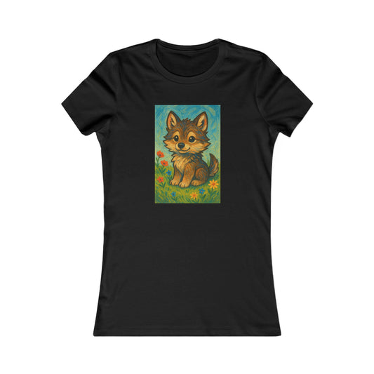 Black t-shirt with a cartoon wolf design on a white background