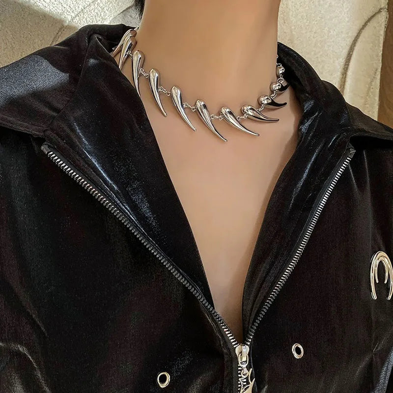Ironfang Choker – Stainless Steel Rivet Chain with Wolf Tooth Detail