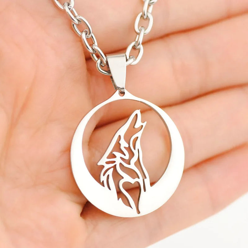 Lunar Howl Pendant – Stainless Steel Wolf Necklace
