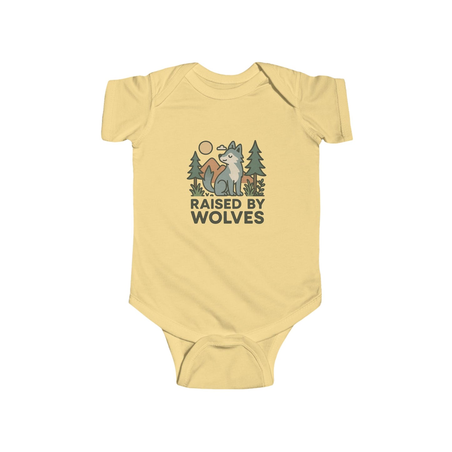 Yellow baby onesie with 'Raised by Wolves' graphic design on a white background