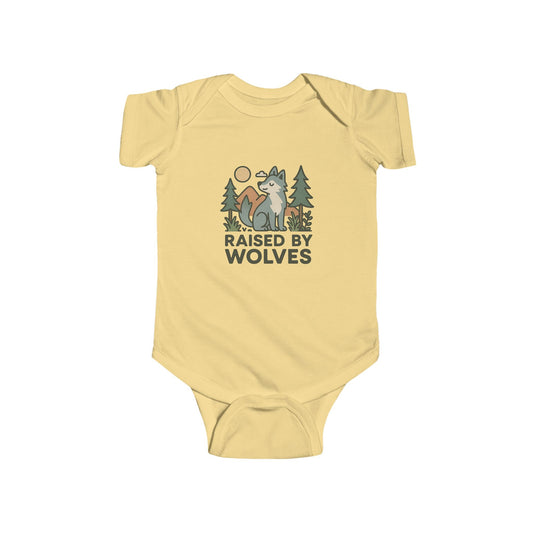 Yellow baby onesie with 'Raised by Wolves' graphic design on a white background