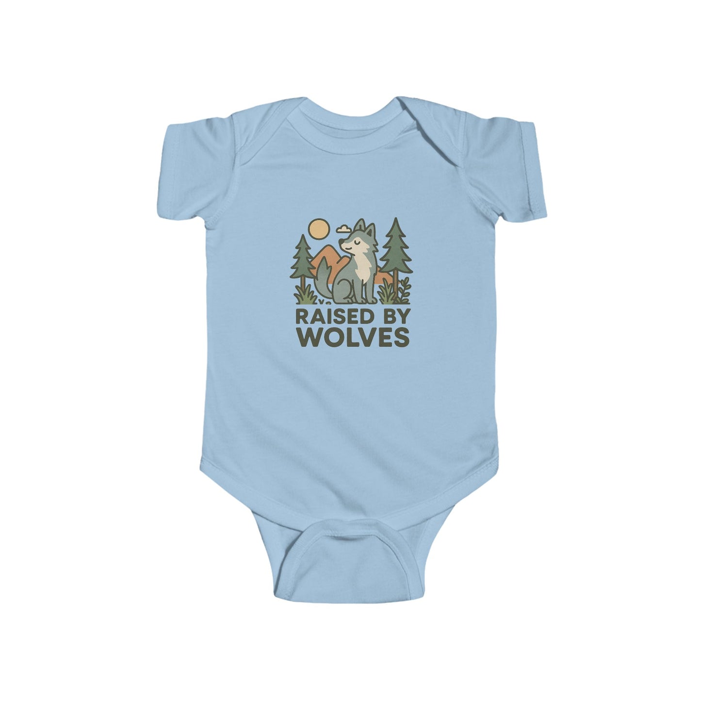 Light blue baby onesie with 'Raised by Wolves' graphic on a white background