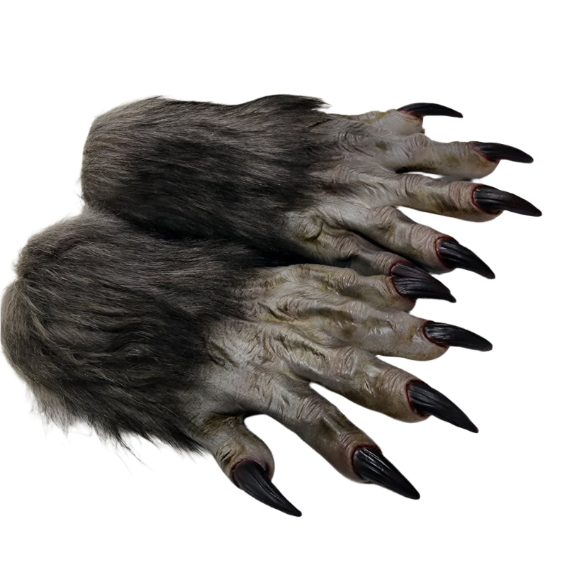 Pair of werewolf gloves with fur and black claws on a white background