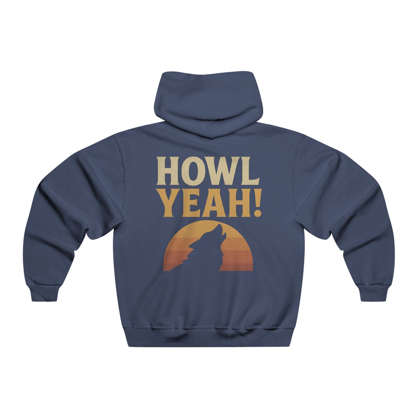 Blue hoodie with 'HOWL YEAH!' text and wolf silhouette on a white background