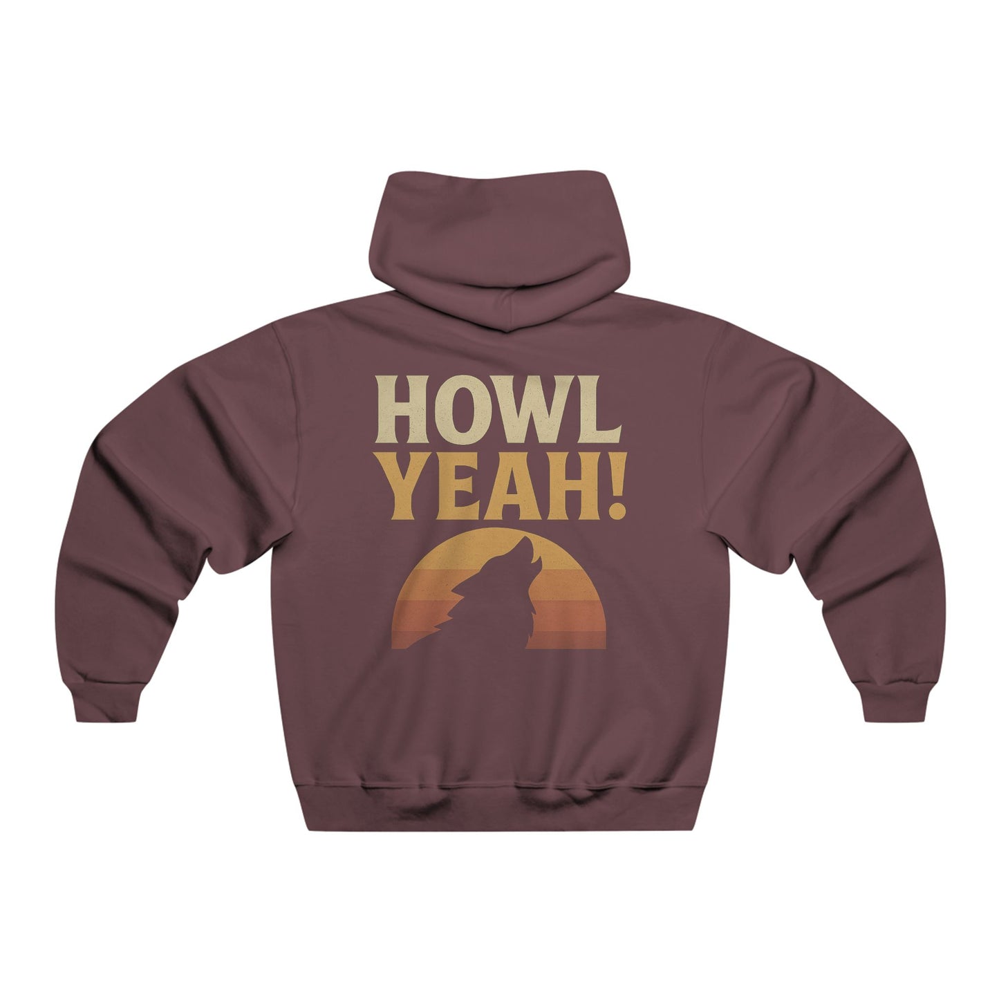 Maroon hoodie with 'HOWL YEAH!' text and wolf silhouette on a white background