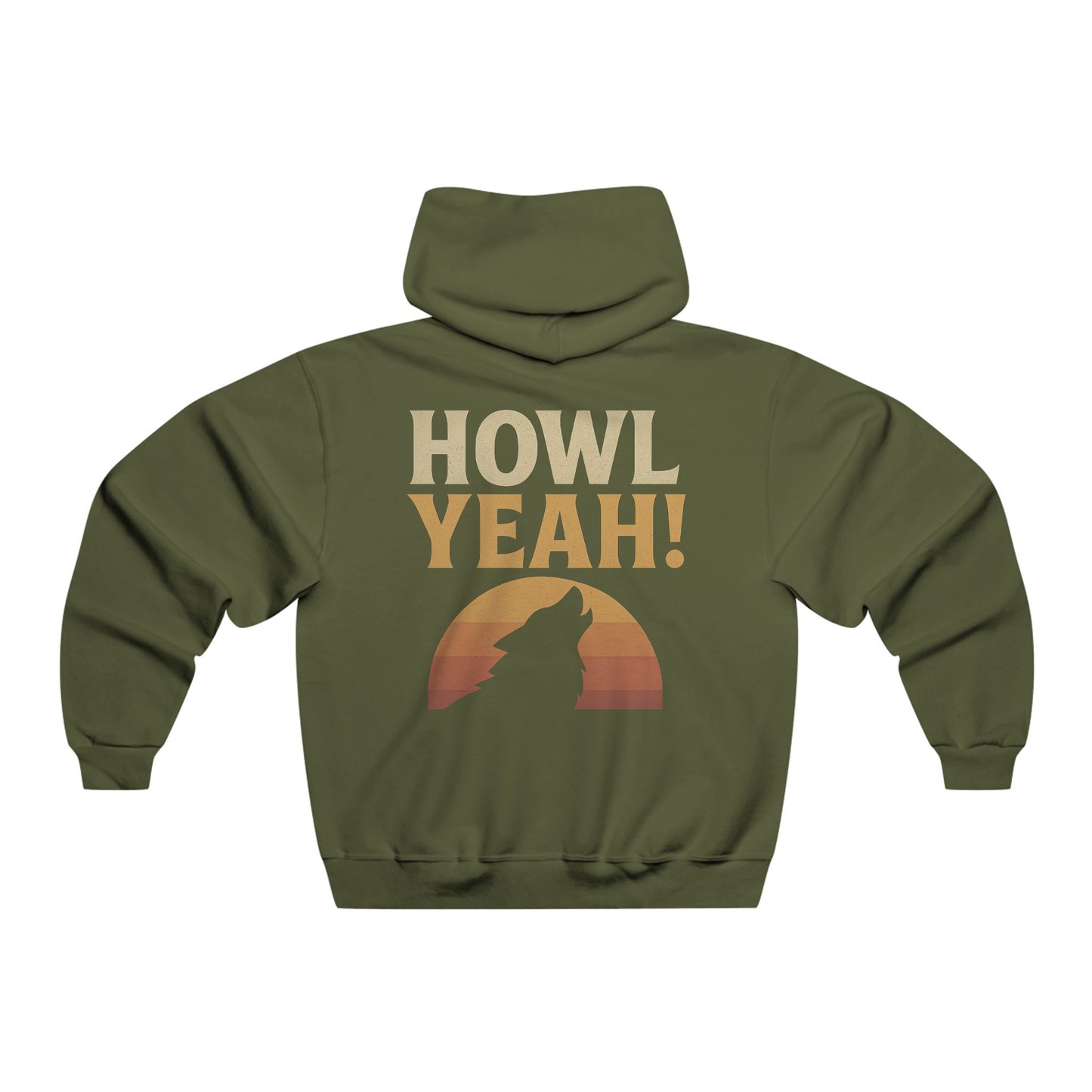 Green hoodie with 'HOWL YEAH!' text and wolf silhouette on a white background