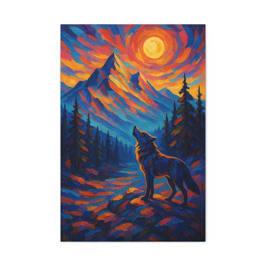 Painting of a wolf howling at a colorful sunset with mountains and trees.