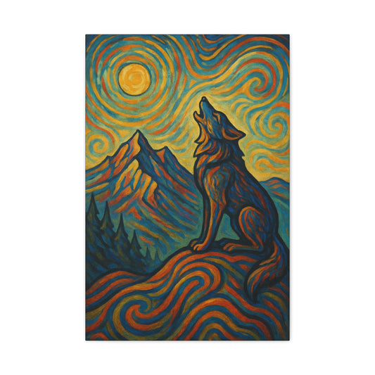 Canvas wall art with a sunrise-lit wolf howling in golden tones, symbolizing hope and strength, printed in vivid detail on stretched wood frame.