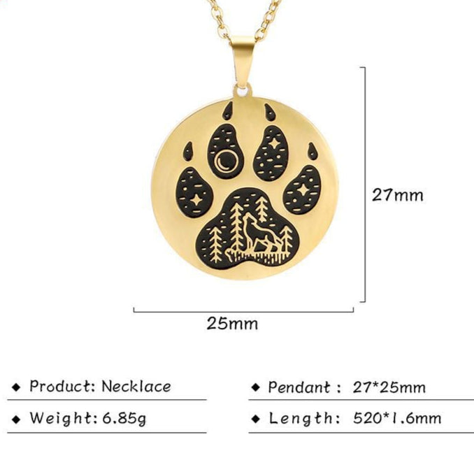 Gold necklace with a paw print pendant and measurements on a white background