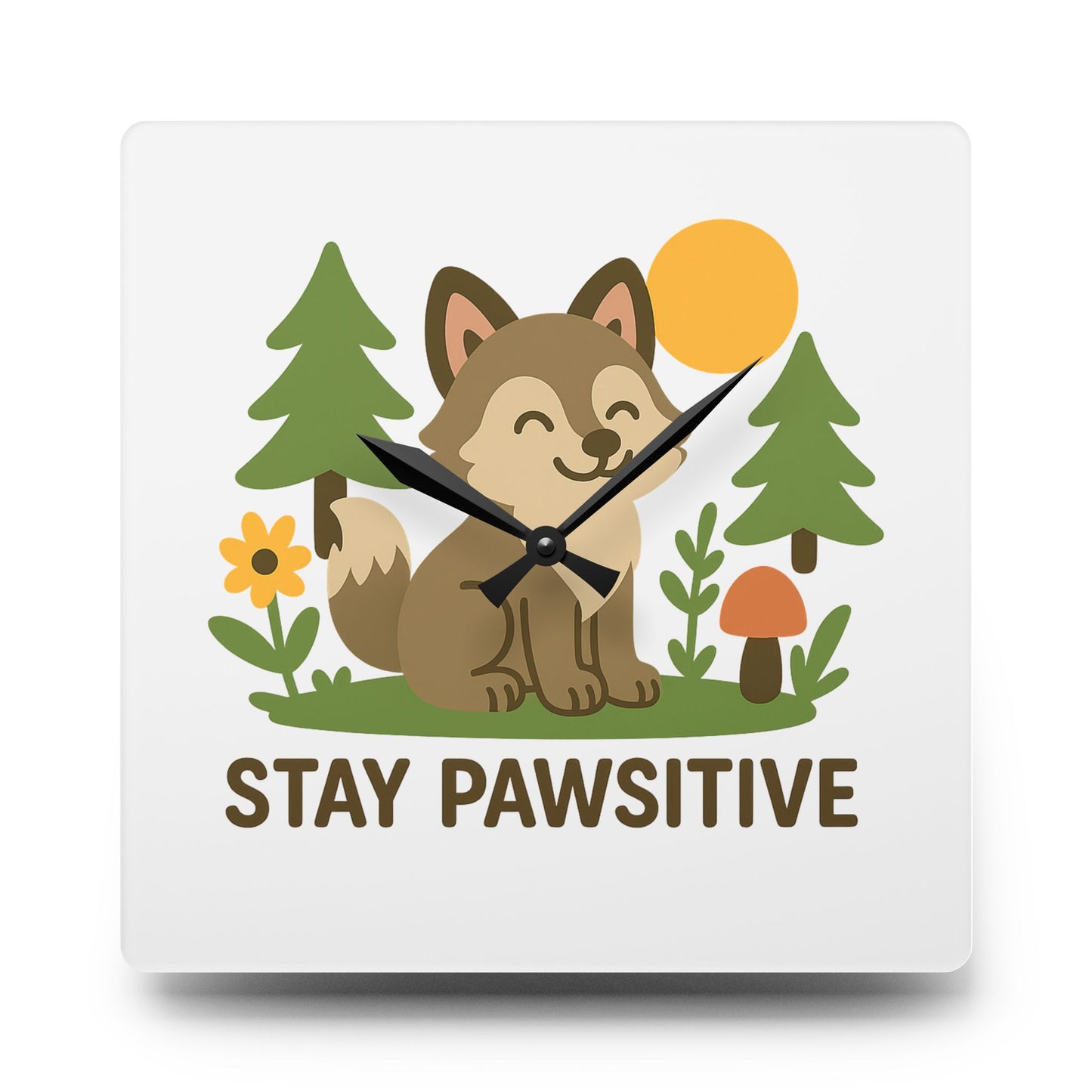 Square Wall clock featuring a cute smiling wolf with the phrase “Stay Pawsitive,” shown in a bright, cheerful design with rounded or square frame.