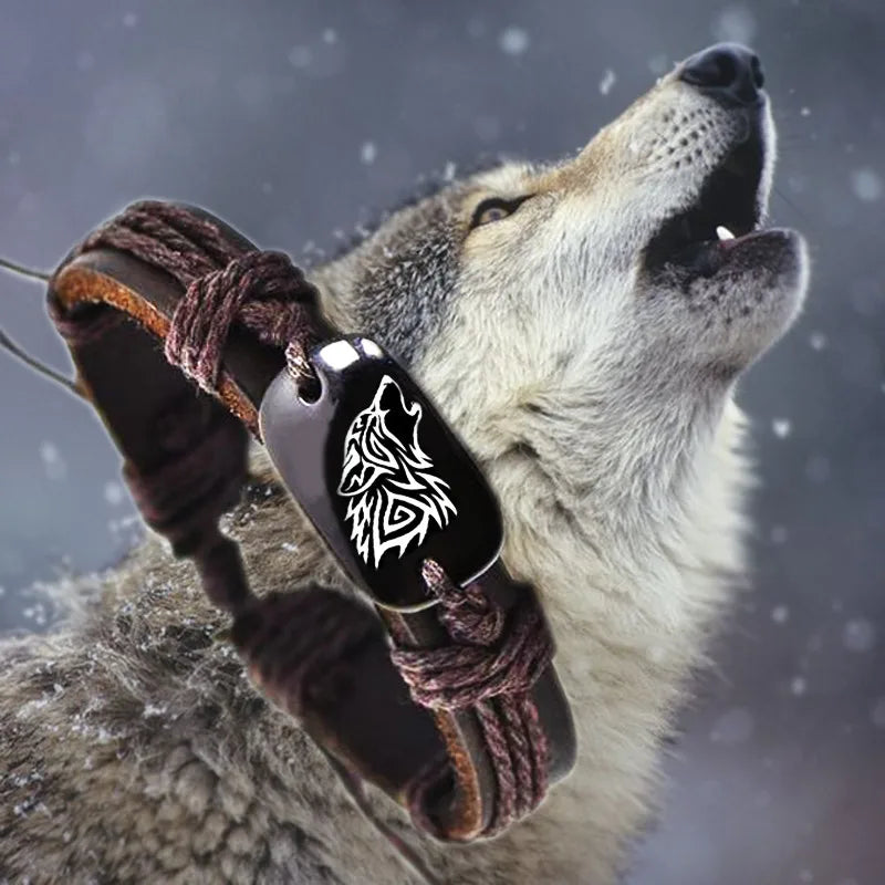 Wolf Crest Braided Leather Bracelet – Unisex Vintage Style