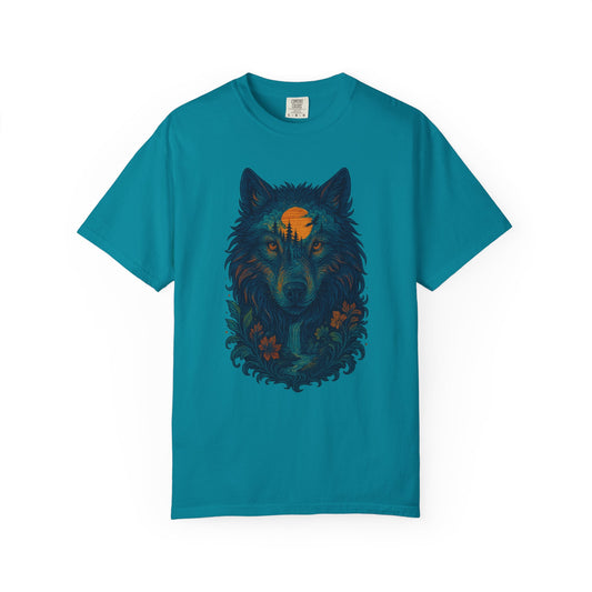 Teal Floral wolf graphic t-shirt for nature lovers, relaxed fit cotton tee with intuitive forest design