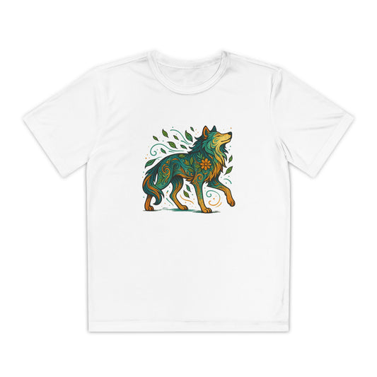 White Youth performance t-shirt with “Bloomwolf Spirit” floral wolf-themed design, laid flat with soft, lightweight fabric and athletic fit for active play.