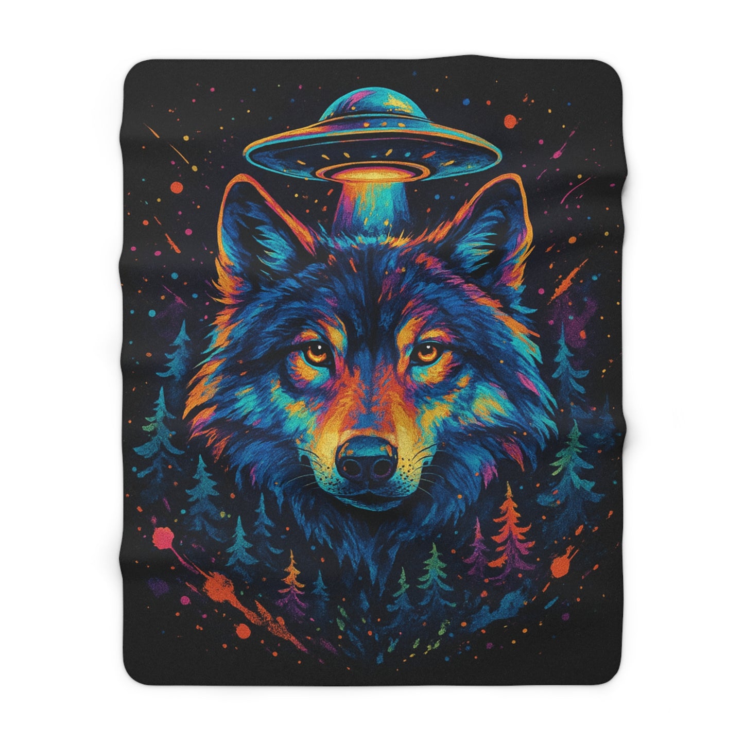 Colorful wolf design with a UFO and forest on a black background, printed on a Sherpa blanket.