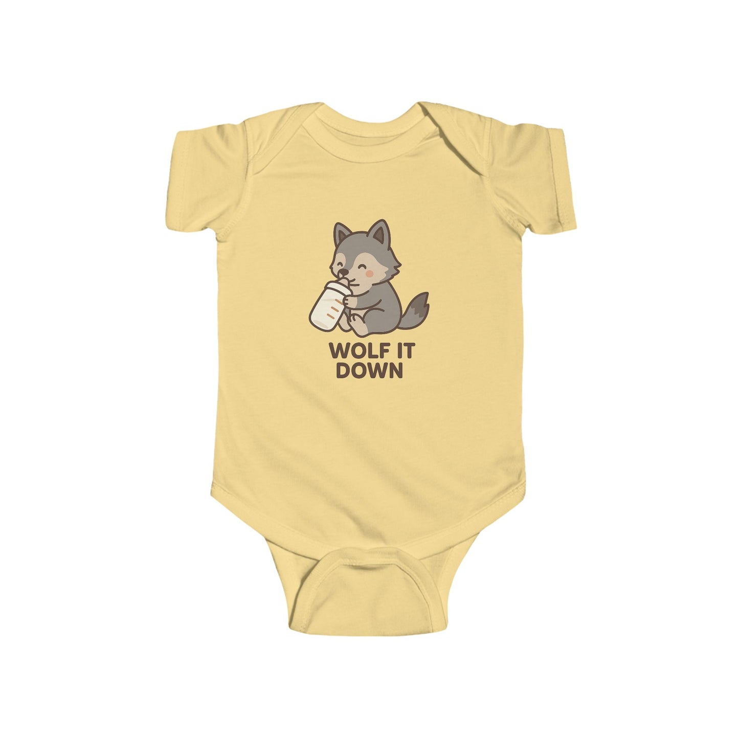 Yellow baby onesie with a wolf graphic and 'Wolf It Down' text on a white background