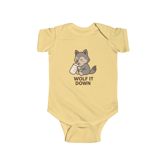 Yellow baby onesie with a wolf graphic and 'Wolf It Down' text on a white background
