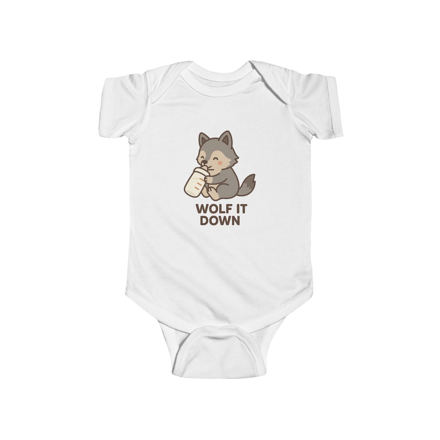 White baby onesie with a wolf graphic and 'Wolf It Down' text on a white background