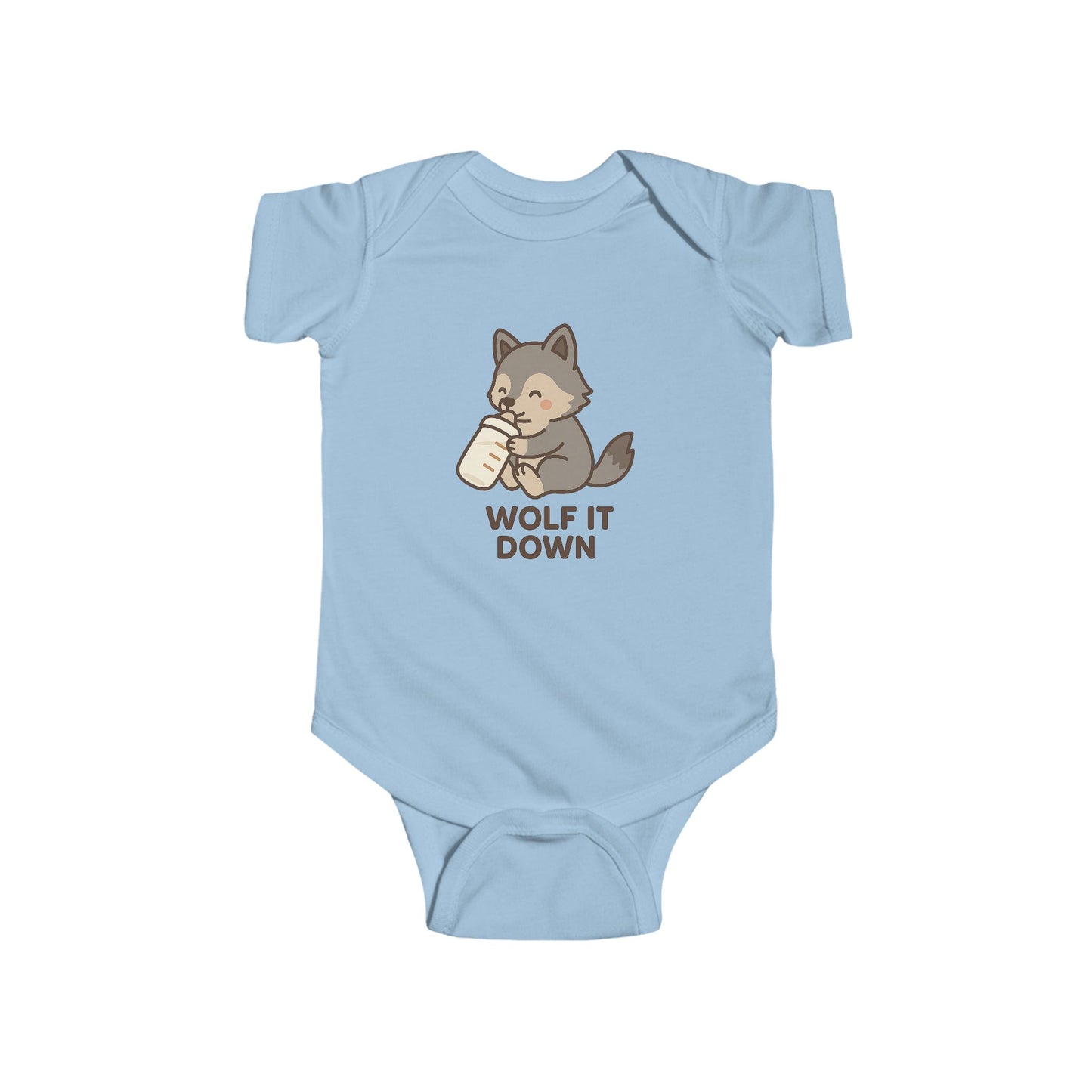 Light blue baby onesie with a wolf graphic and 'Wolf It Down' text on a white background