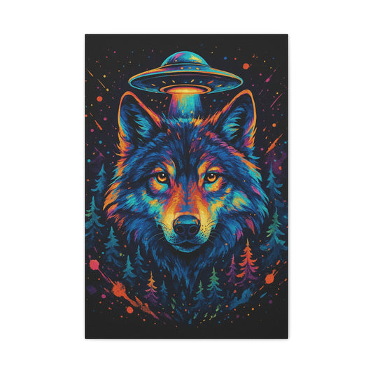 Colorful wolf illustration with a UFO above its head, set against a forest background.