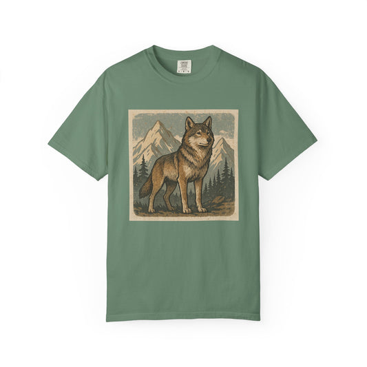 Green t-shirt with a wolf graphic on a white background