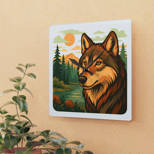 Wall clock with a wolf design on a beige wall with a plant in the foreground