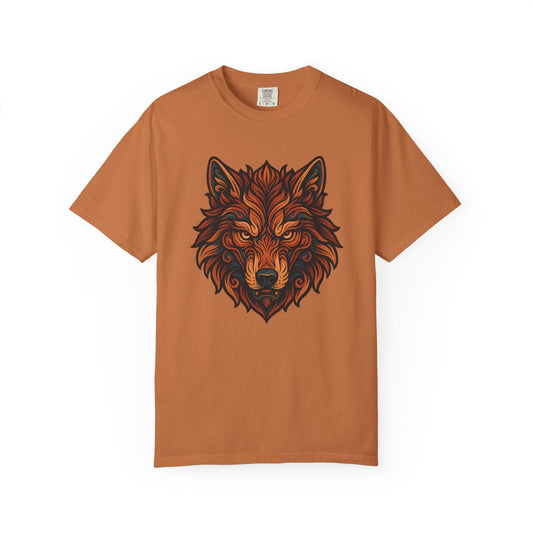 Brown t-shirt with a wolf graphic on a white background