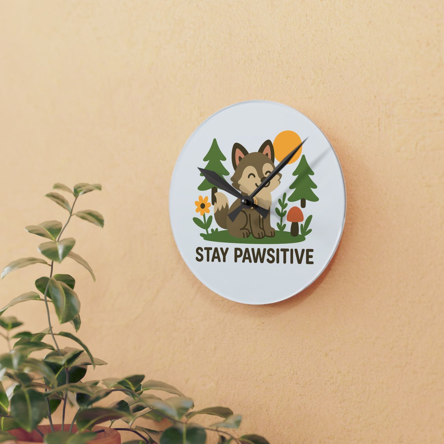Stay Pawsitive Wolf | Acrylic Wall Clock