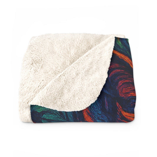 Folded blanket with white sherpa interior and colorful abstract pattern exterior on a white background